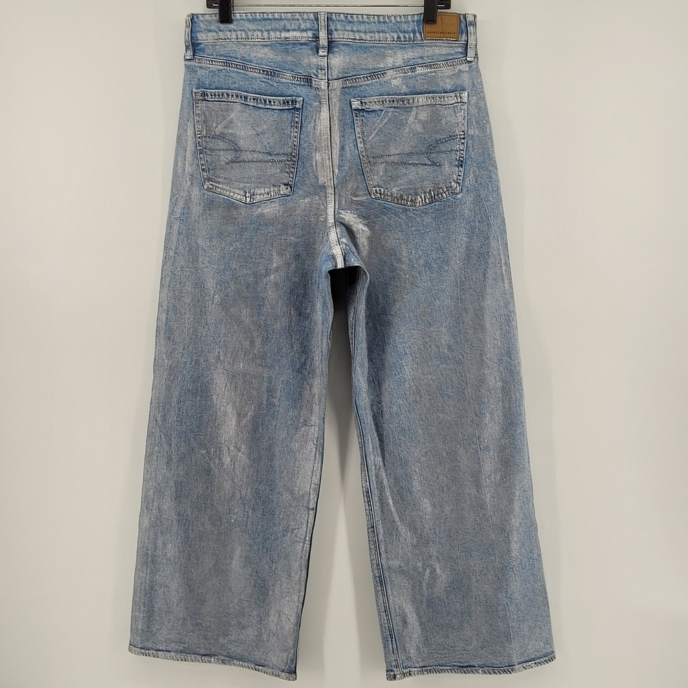 American Eagle Baggy Wide Leg Jeans Womens 10 Short Blue Silver Metallic‎ Coated - Picture 2 of 9